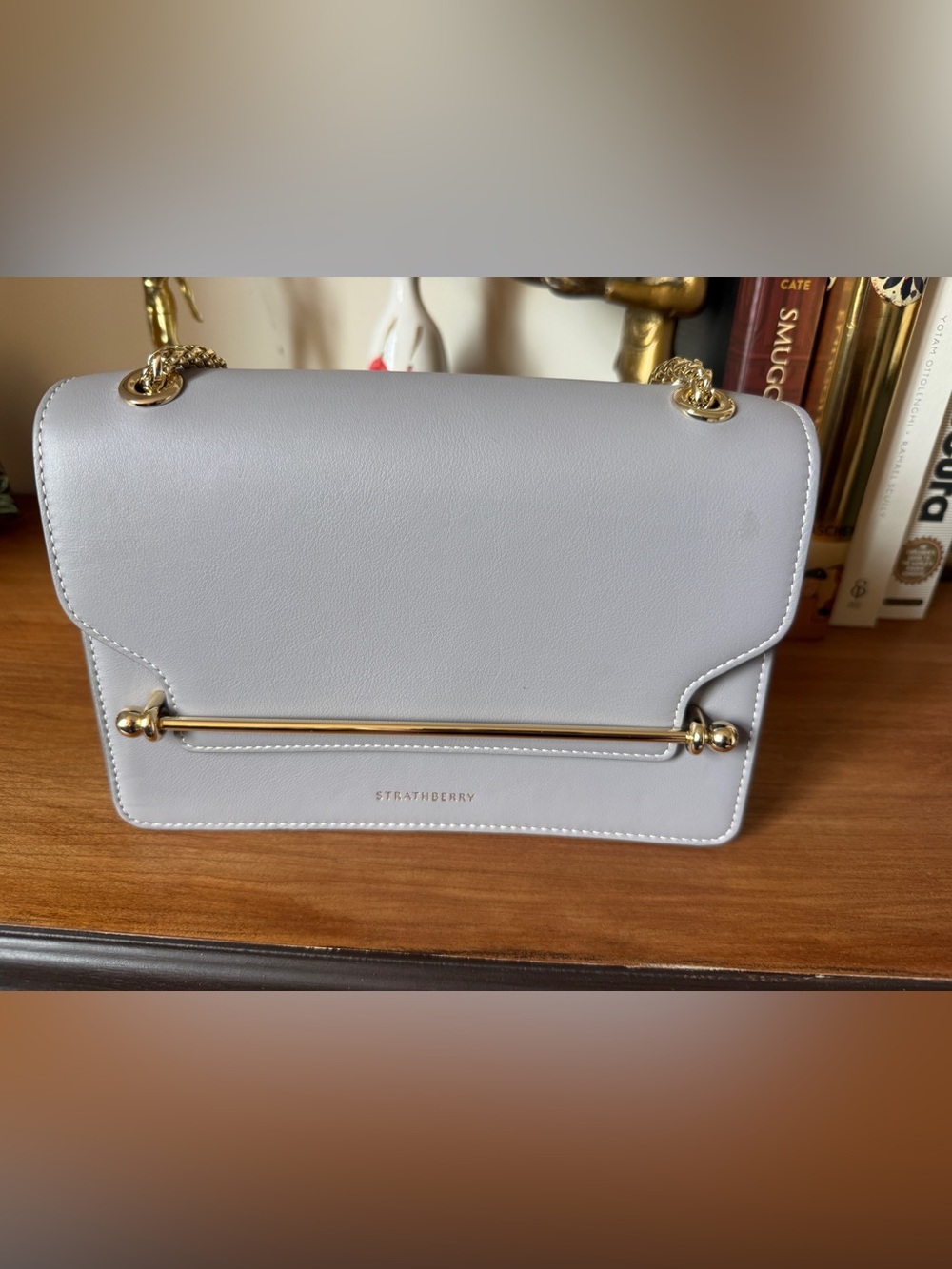 Strathberry East/West Leather Crossbody — Frost Grey / Vanilla Stitch